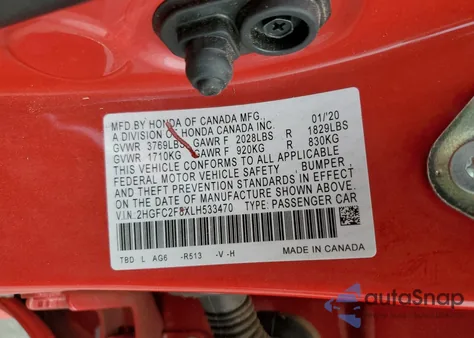 2020 Honda Civic Sport из США, поврежденный, VIN 2HGFC2F8XLH533470